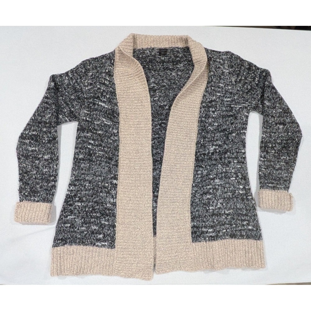 Madison Lilly Cardigan Women L Black Tan Excellent Open Front Space Dye Knit